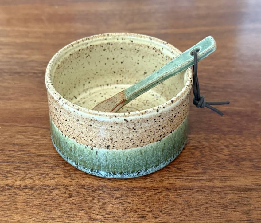 Salt cellar with its own little spoon, wheel-thrown stoneware by Donna Semola